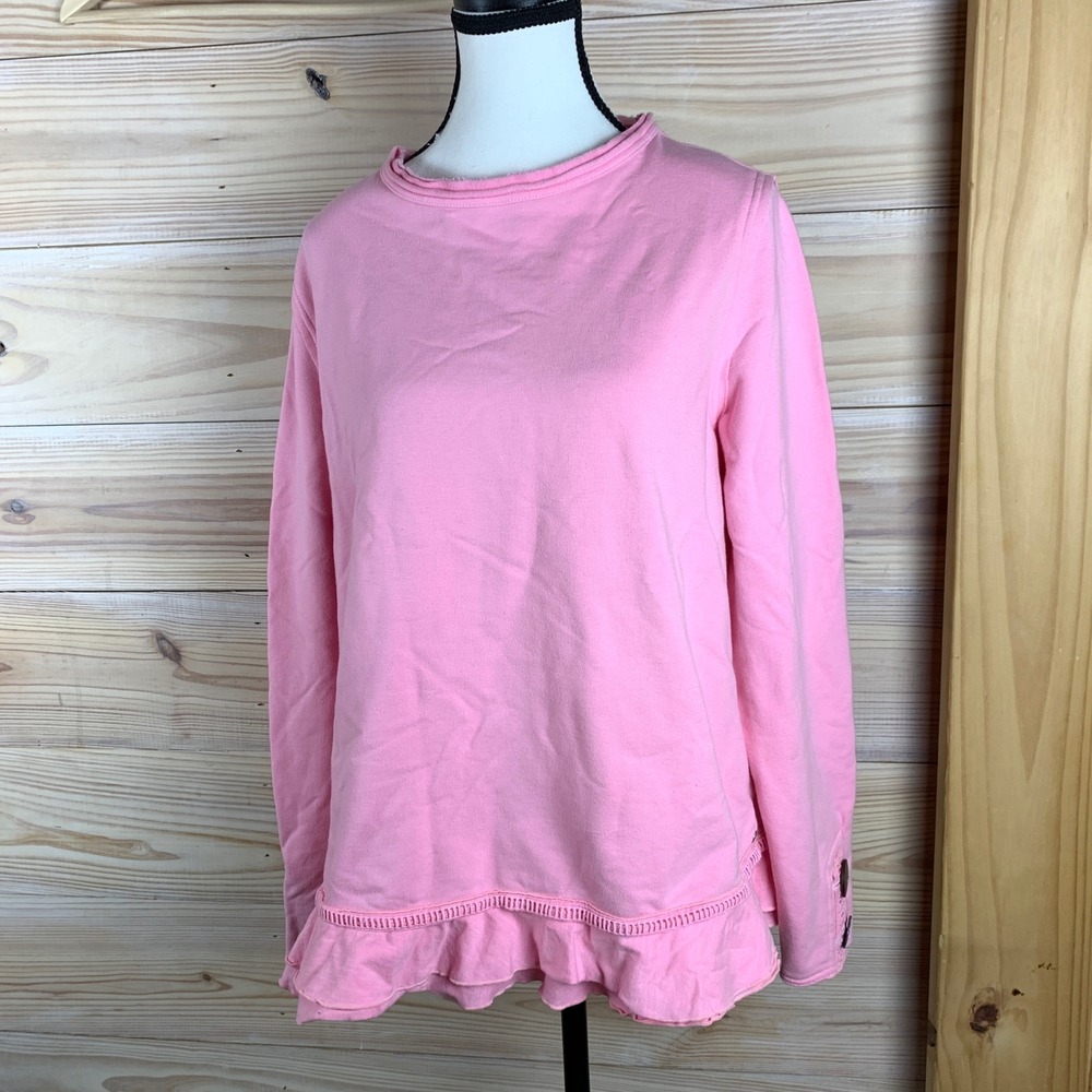 Neon Buddha Sweatshirt Womens Large Pink Ruffle Hem Lace Trim Button Cuff Top